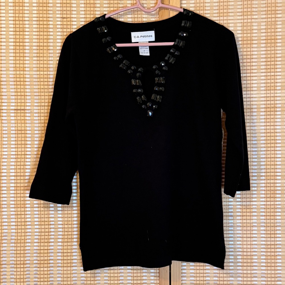 C.D. Petites Black Beaded Keyhole Neckline 3/4 Sleeve Knit Sweater Small Office